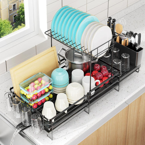 Large Dish Drying Rack, Expandable Dish Rack for Kitchen Counter, Dish Drainer with Drainboard Set, Multifunctional Dishrack with Utensil & Cup Holder, 13.4"-28.7" L X 11.8" W X 9.3" H, Black