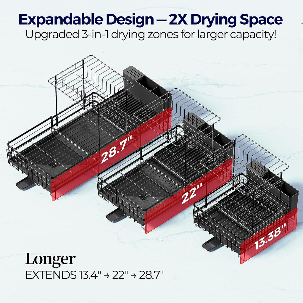 Large Dish Drying Rack, Expandable Dish Rack for Kitchen Counter, Dish Drainer with Drainboard Set, Multifunctional Dishrack with Utensil & Cup Holder, 13.4"-28.7" L X 11.8" W X 9.3" H, Black