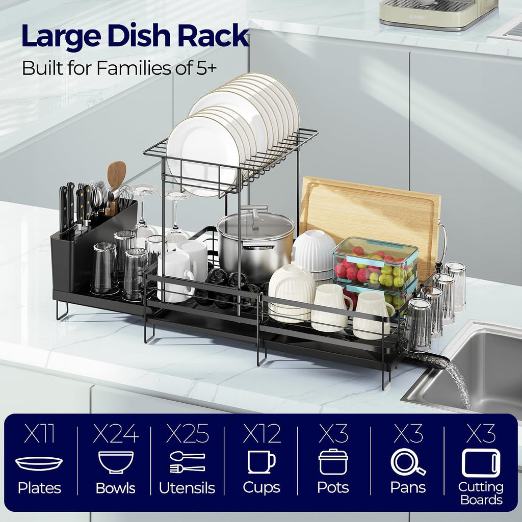 Large Dish Drying Rack, Expandable Dish Rack for Kitchen Counter, Dish Drainer with Drainboard Set, Multifunctional Dishrack with Utensil & Cup Holder, 13.4"-28.7" L X 11.8" W X 9.3" H, Black