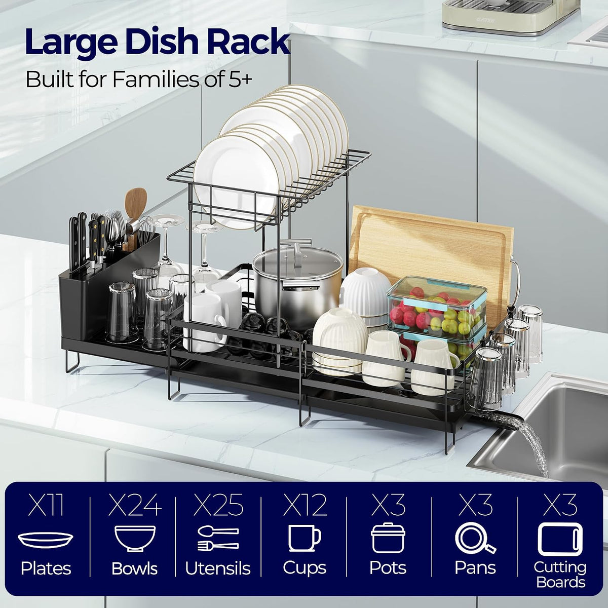 Large Dish Drying Rack, Expandable Dish Rack for Kitchen Counter, Dish Drainer with Drainboard Set, Multifunctional Dishrack with Utensil & Cup Holder, 13.4"-28.7" L X 11.8" W X 9.3" H, Black