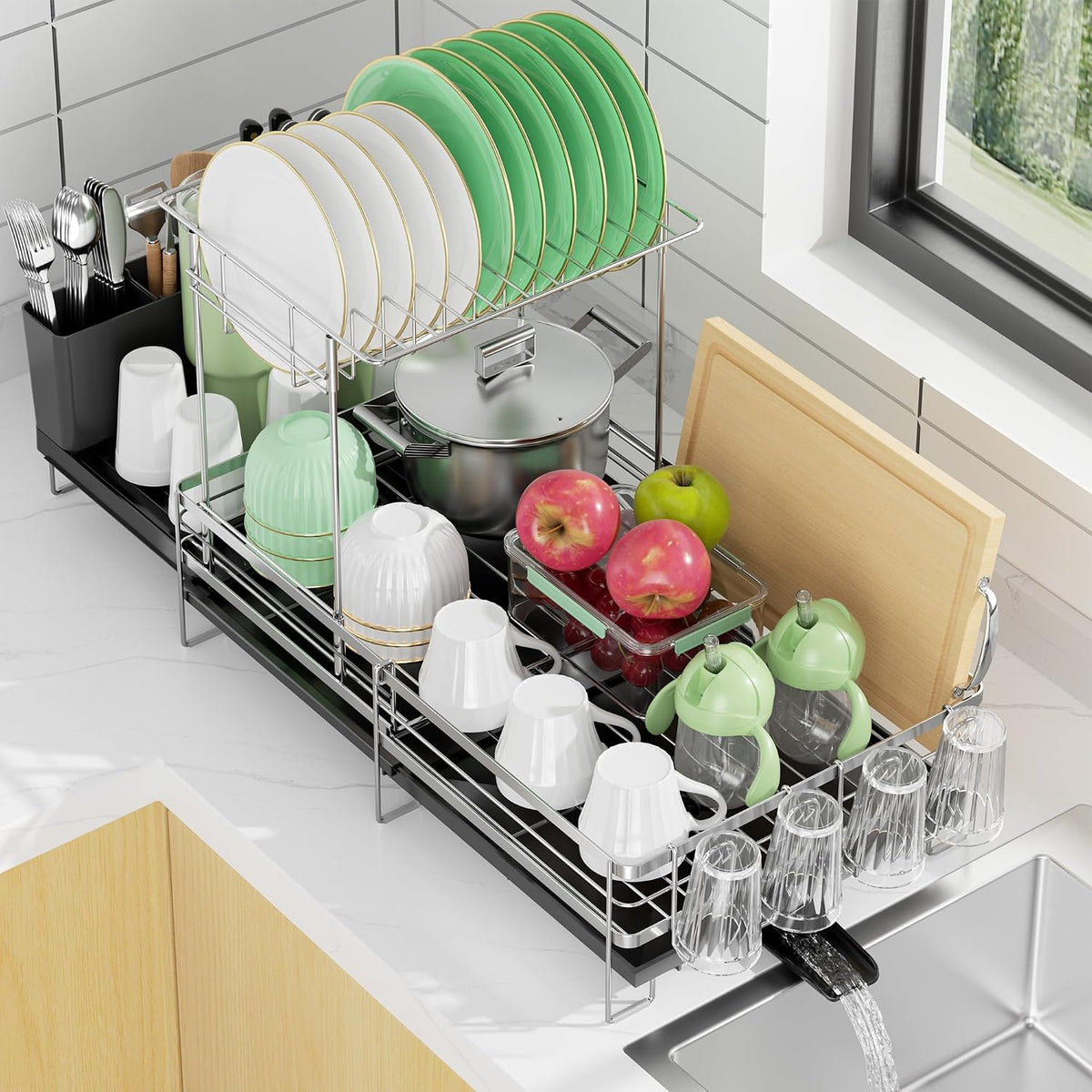 Large Dish Drying Rack, Expandable Dish Rack for Kitchen Counter, Dish Drainer with Drainboard Set, Multifunctional Dishrack with Utensil & Cup Holder, 13.4"-28.7" L X 11.8" W X 9.3" H, Black