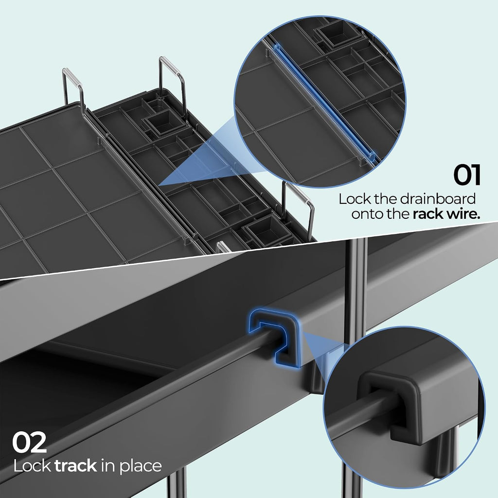 Large Dish Drying Rack, Expandable Dish Rack for Kitchen Counter, Dish Drainer with Drainboard Set, Multifunctional Dishrack with Utensil & Cup Holder, 13.4"-28.7" L X 11.8" W X 9.3" H, Black