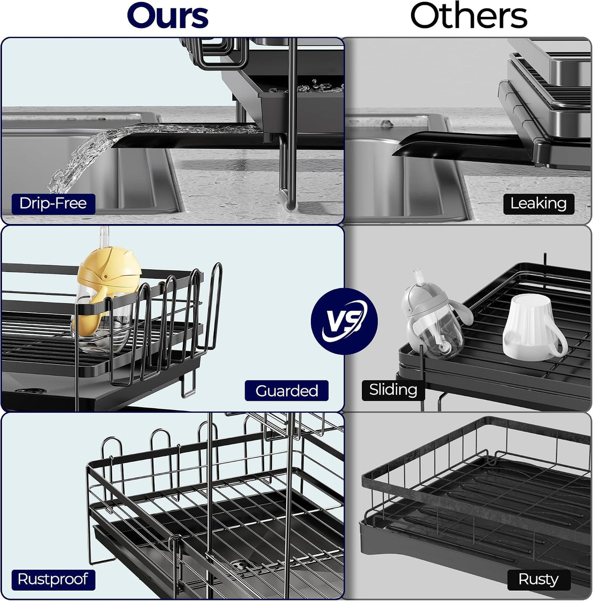 Large Dish Drying Rack, Expandable Dish Rack for Kitchen Counter, Dish Drainer with Drainboard Set, Multifunctional Dishrack with Utensil & Cup Holder, 13.4"-28.7" L X 11.8" W X 9.3" H, Black