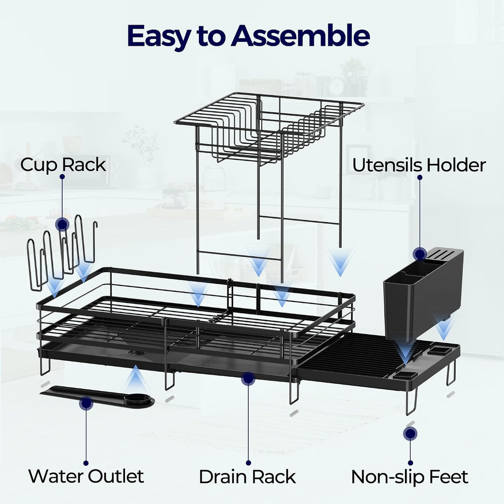 Large Dish Drying Rack, Expandable Dish Rack for Kitchen Counter, Dish Drainer with Drainboard Set, Multifunctional Dishrack with Utensil & Cup Holder, 13.4"-28.7" L X 11.8" W X 9.3" H, Black